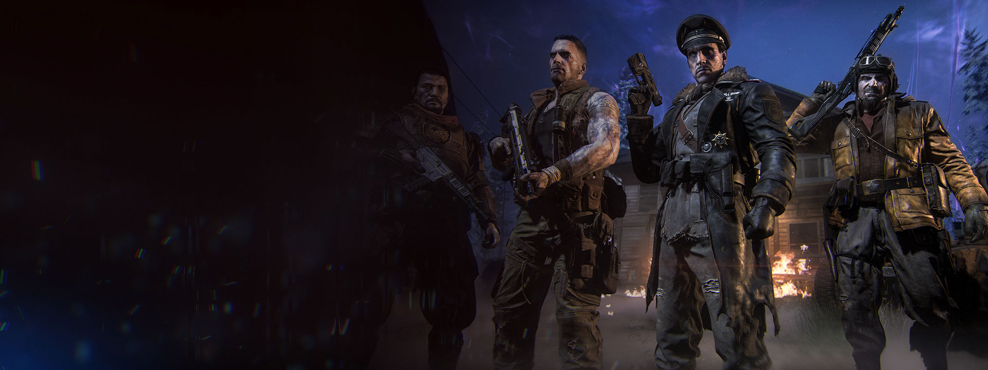 Logotipo de Call of Duty®: Black Ops 7, cuatro soldados armados, uno con equipo táctico de inspiración asiática, otro con chaleco y tatuajes en los brazos, otro con abrigo largo de cuero y sombrero, y el último con un uniforme de piloto antiguo con gafas protectoras, todos con ojos amarillos brillantes y piel grisácea. 