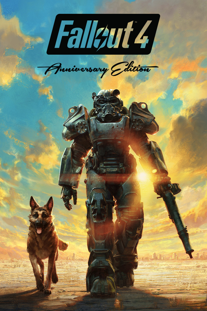 Fallout 4: Anniversary Edition logo, a lone survivor in bulky Power Armor stands in a sunlit wasteland with a Red Rocket station in the distance, accompanied by an alert German Shepherd