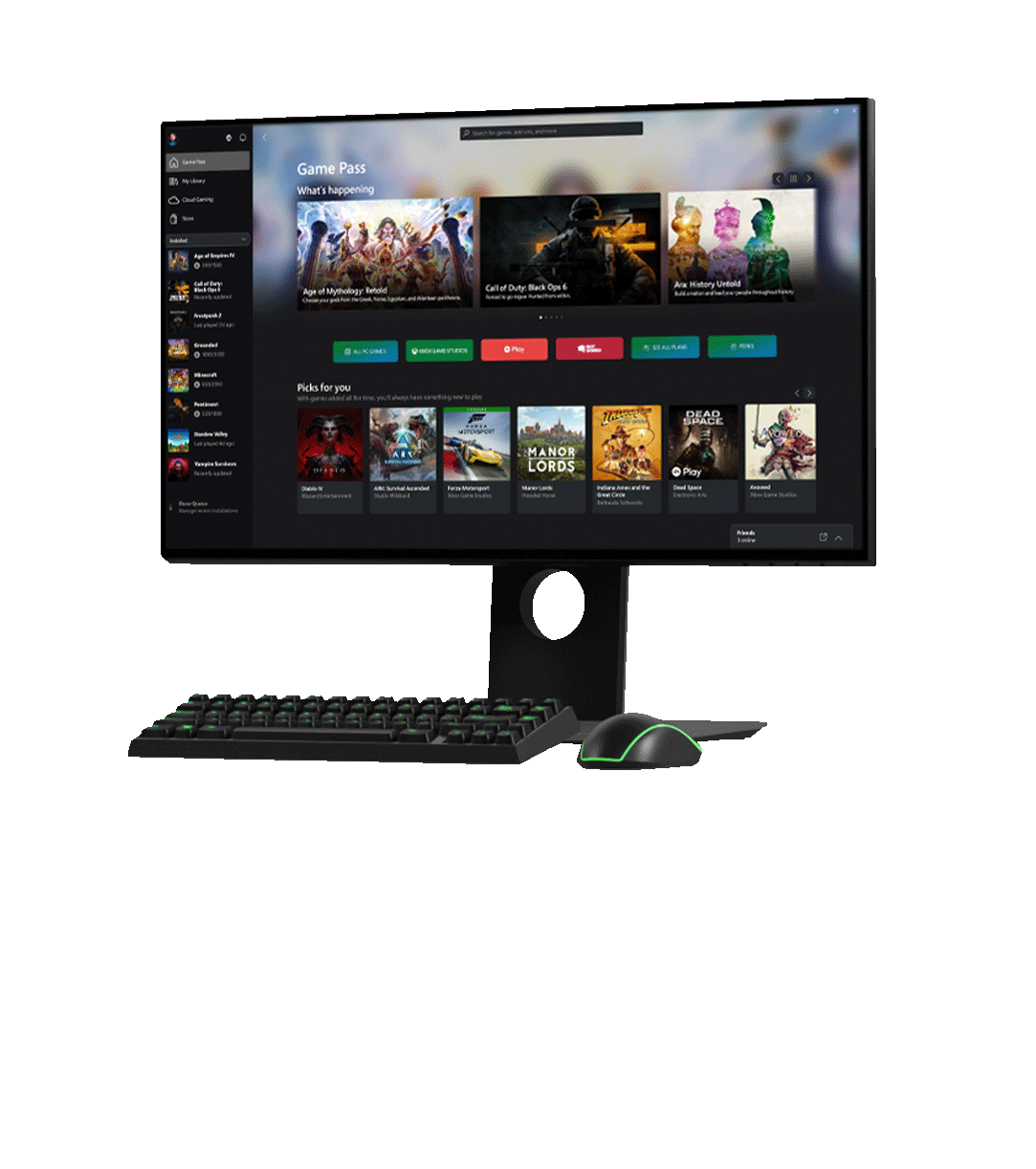 Vorderansicht eines Monitors, der ein Menü der Xbox-App auf einem Windows PC anzeigt