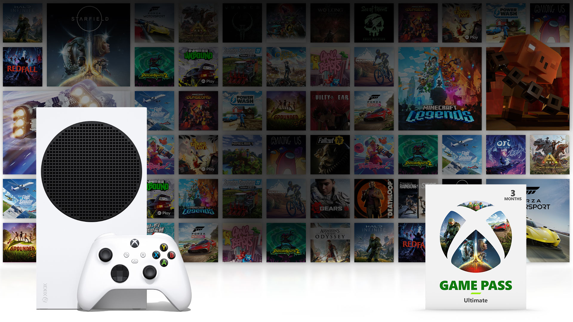 Xbox Series S with Robot White controller and a card that says Xbox Game Pass Ultimate on it, with a mosaic of box shots depicting games available with Xbox Game Pass in the background