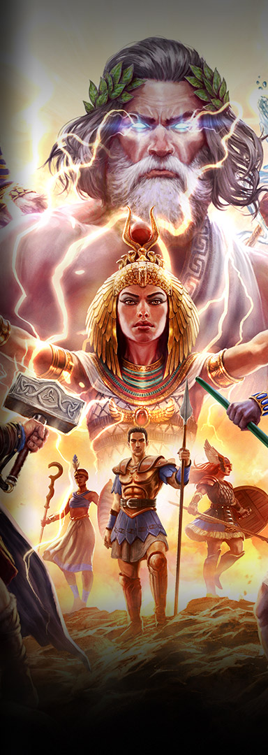 Logo d’Age of Mythology: Retold, avec plusieurs dieux et figures mythiques qui descendent des cieux.