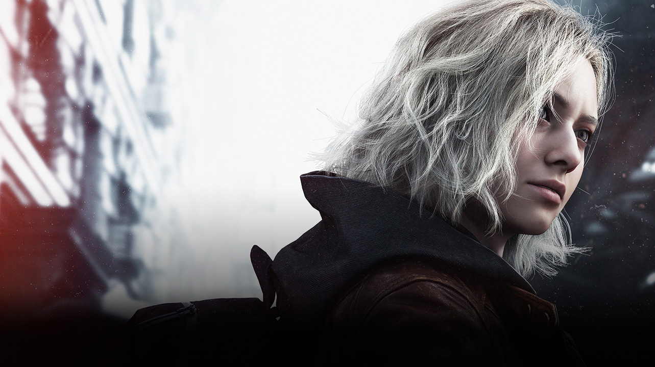 Grace Ashcroft wearing a brown leather hooded jacket and backpack, looking into the distance with a blurred black-and-white cityscape behind