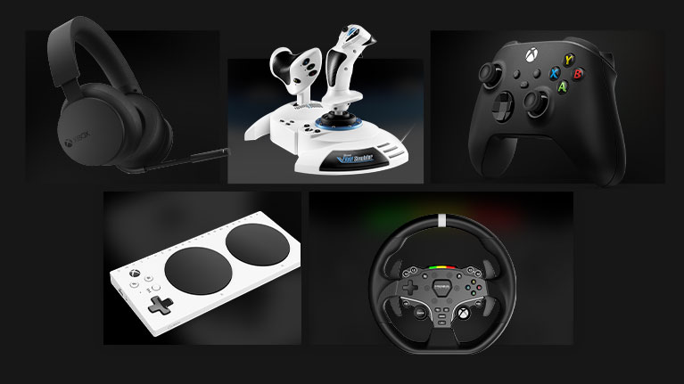 A mosaic of different gaming accessories including a headset, joystick, Xbox wireless controller, Xbox adaptive controller, and a steering wheel.