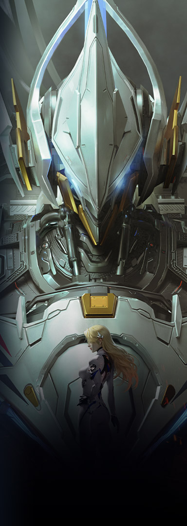 A silver and gold plated mecha looms over a young woman with flowing blond hair. 