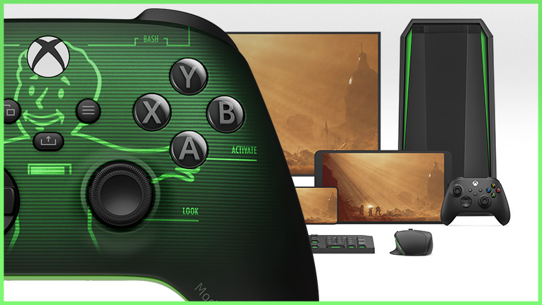 Xbox Elite Wireless Controller Series 2 – Fallout Pip-Boy with a computer, TV, and an Xbox Series S