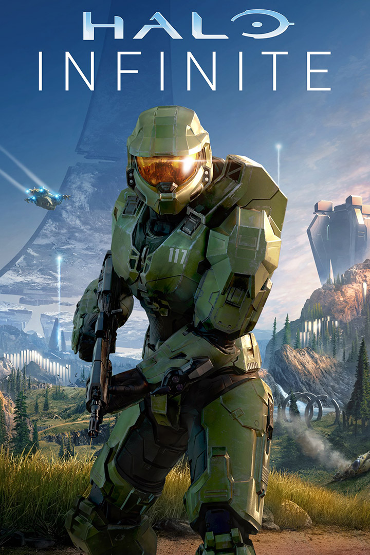 Halo Infinite logo, the Master Chief stands with his weapon in a lush field with a space craft flying high above and a large structure in the background. 