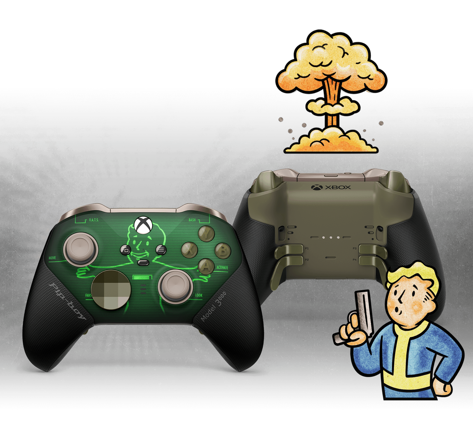 Vault Boy mit einer Waffe in der Hand und einer Atombombenexplosion im Hintergrund