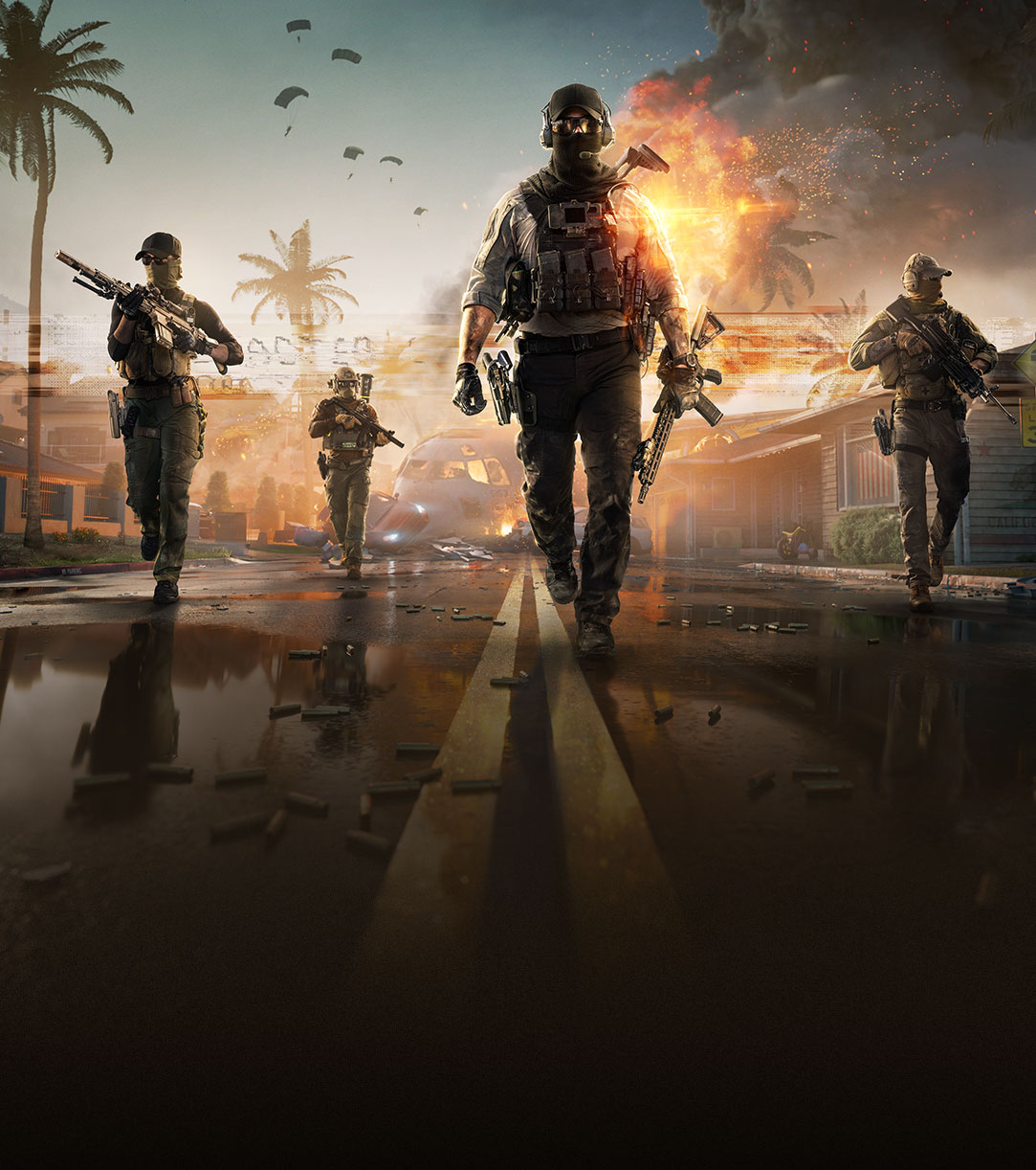 A group of heavily armed soldiers walking down a war-torn street with a large explosion in the background