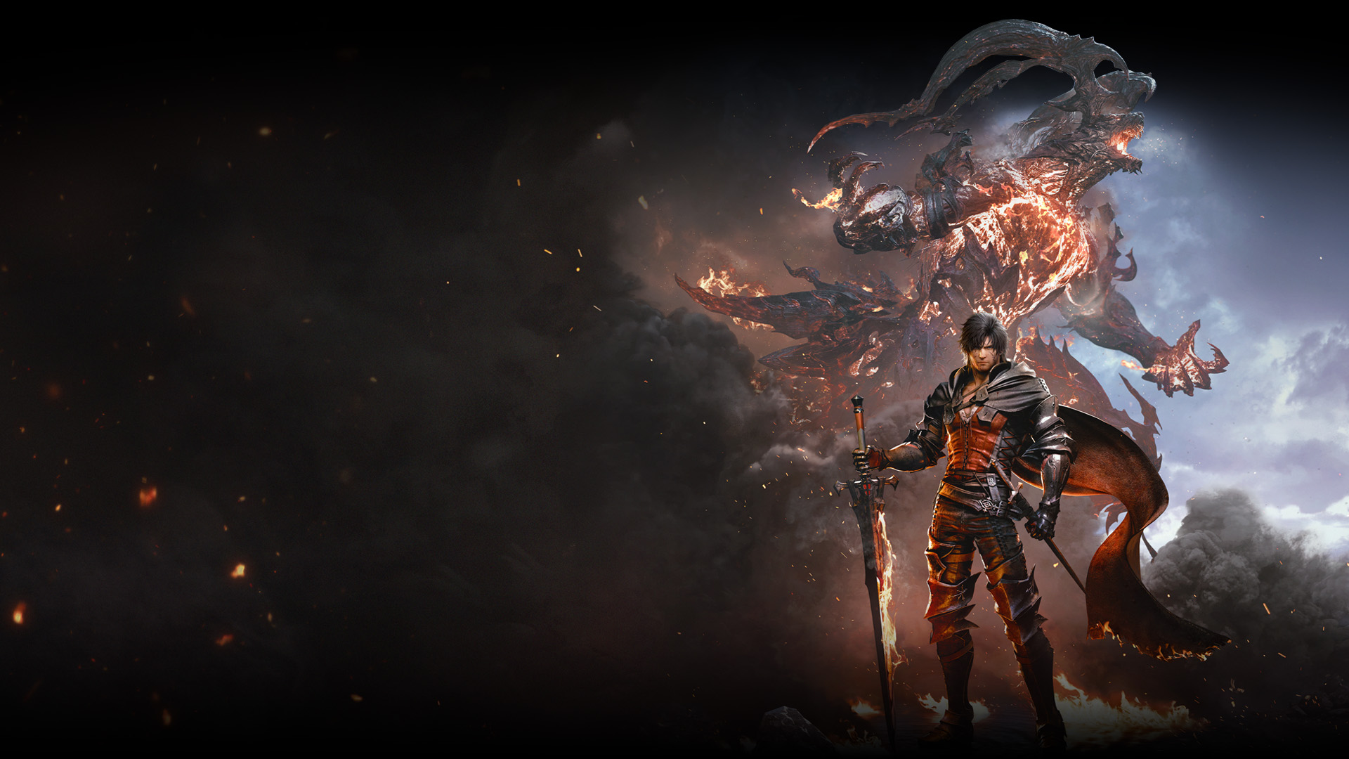 Pokryty płomieniami Clive Rosfield trzyma miecz, podczas gdy Mroczny Eikon Ifrit wyłania się z chmury dymu za nim.