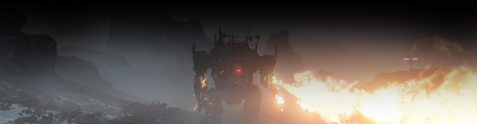 A large mech unleashing a stream of flames as it walks. 