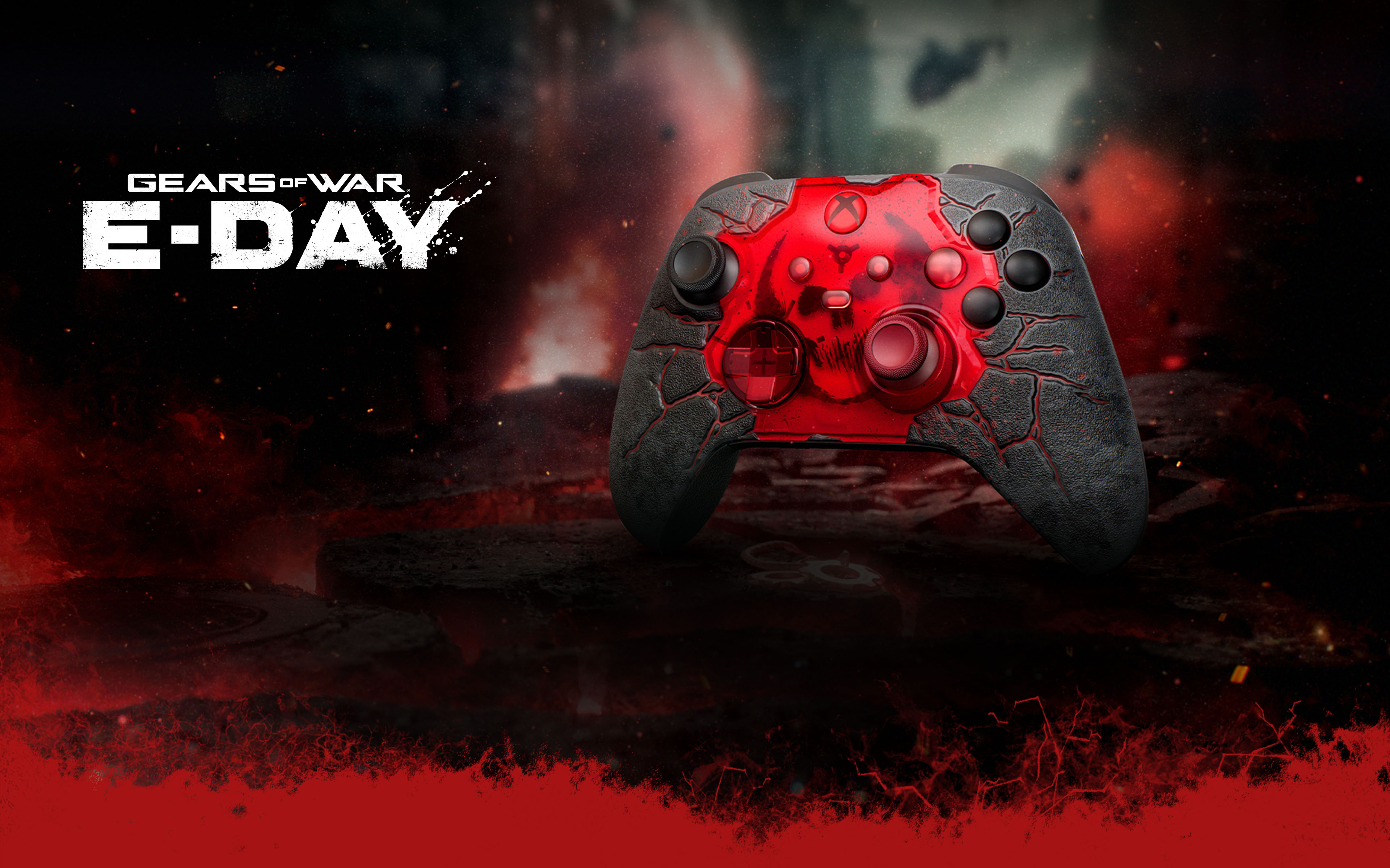 Gears of War: E-Day logo, the Xbox Wireless Controller – Gears of War: E-Day controller on a lava field background