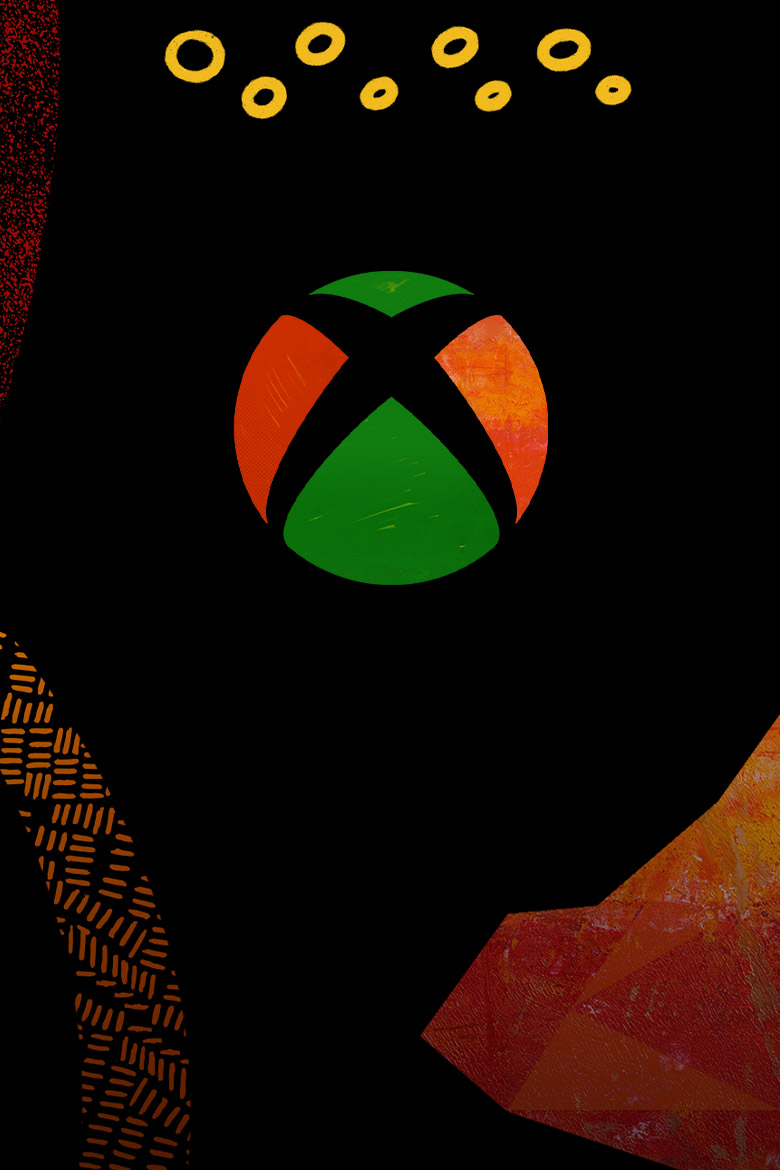 The Xbox logo filled and surrounded by African-inspired prints and patterns.