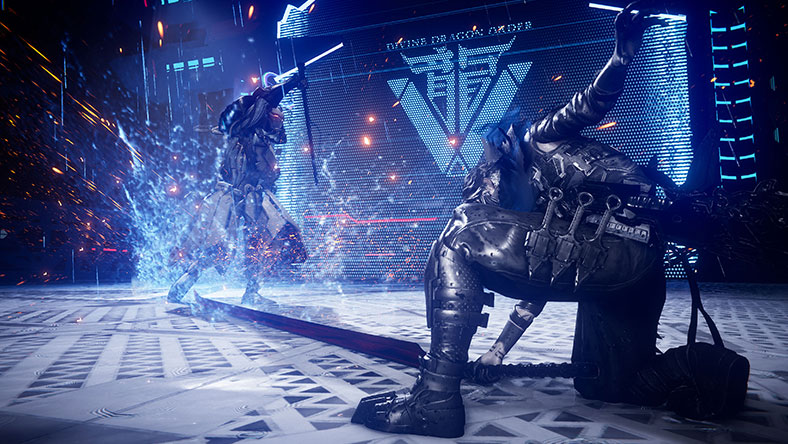 Hahmo, joka iskee valtavan miekan alas viholliseen.