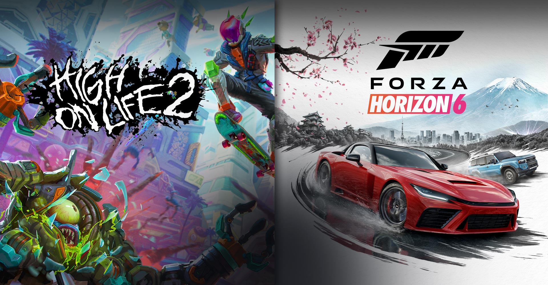 High On Life 2-Logo, auf dem der Kopfgeldjäger auf einem Skateboard durch eine futuristische Stadt schwebt. Forza Horizon 6-Logo, auf dem sich zwei Fahrzeuge vor der Kulisse des Bergs Fuji und der Skyline von Tokio ein Rennen auf einer Strecke liefern. 