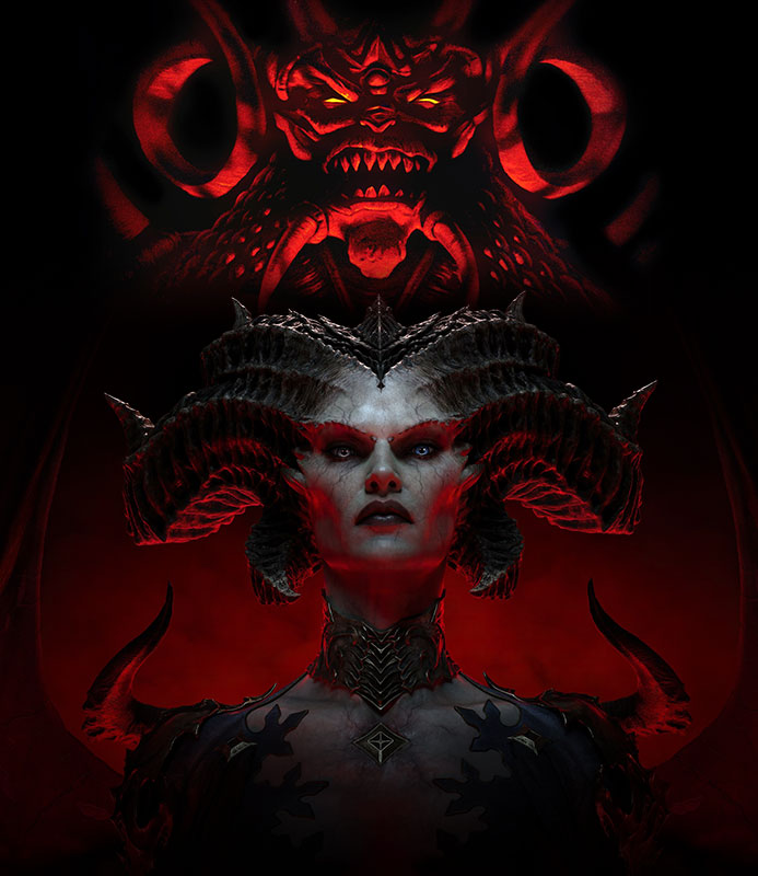 Une combinaison de personnages de Diablo et Diablo IV sur un fond gothique rouge et noir.
