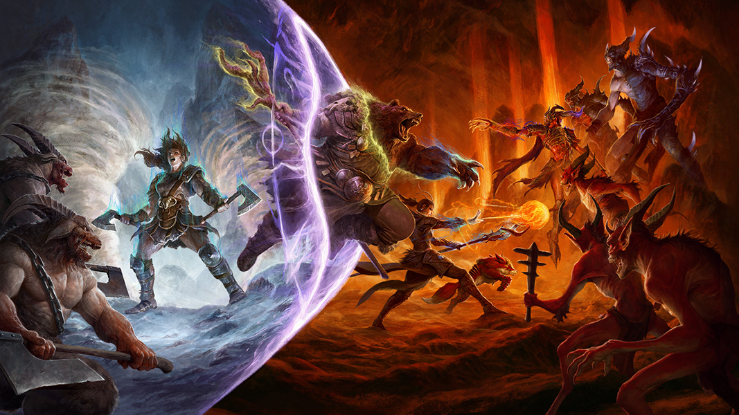 Mid-leap, a druid shapeshifts into a bear while fighting demonic enemies.