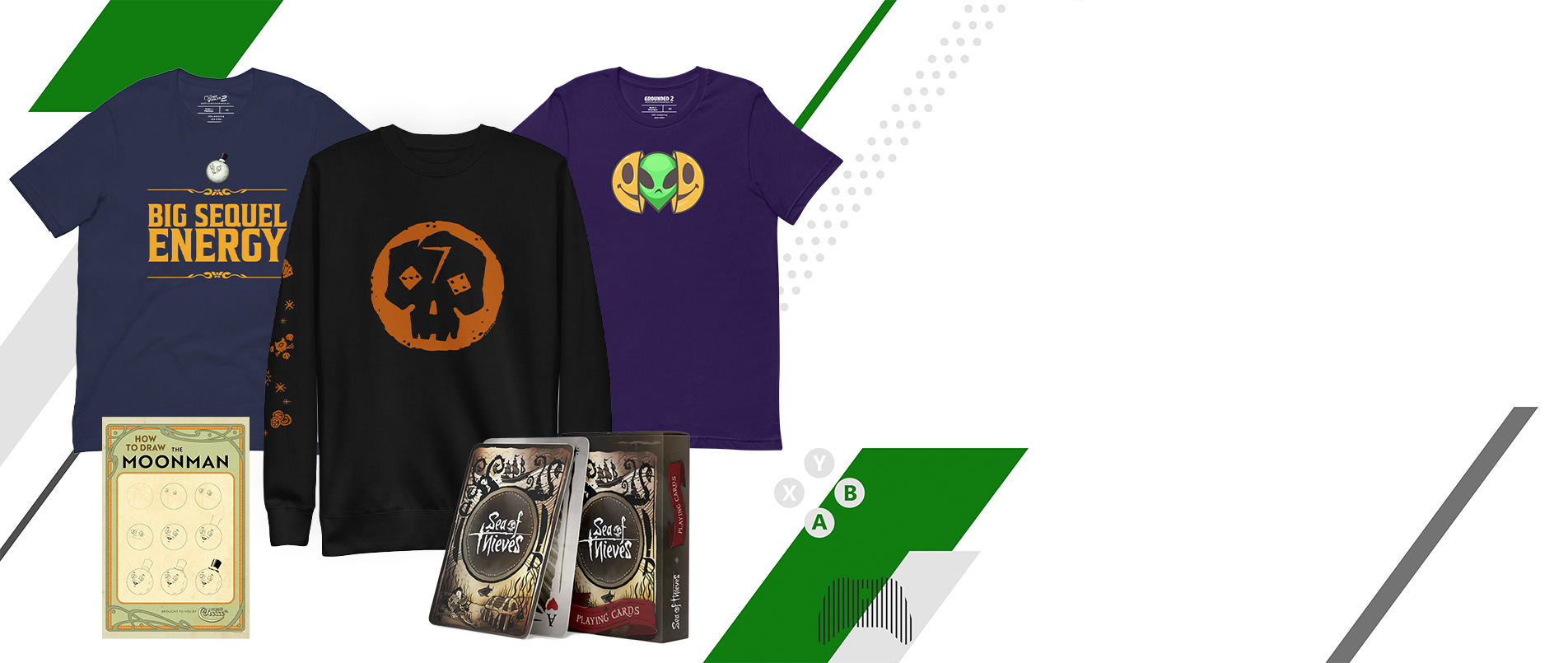 A collection of items available in the Xbox Gear Shop, including a sweatshirt and t-shirts.