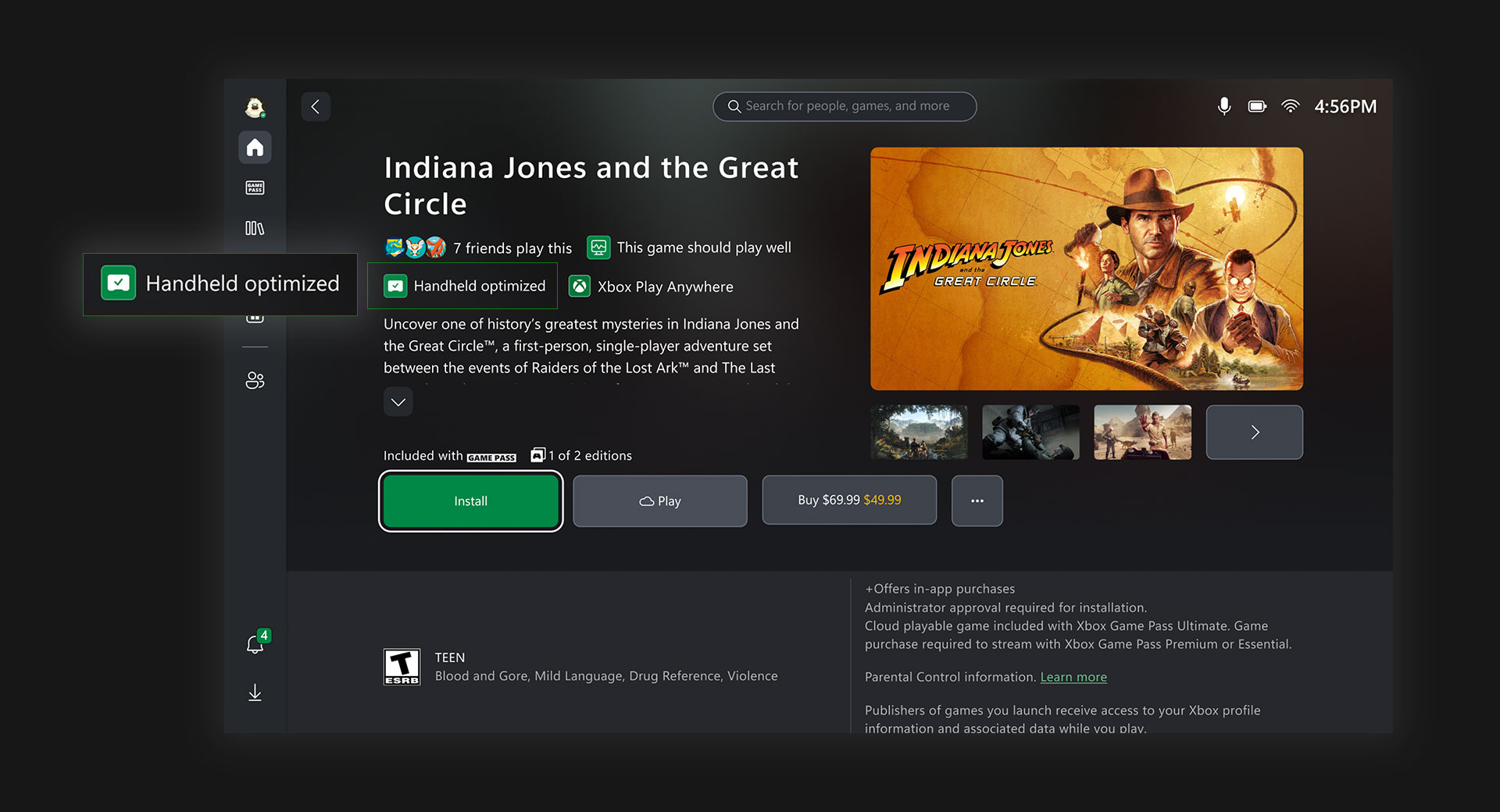 Rog UI showing game handheld optimized icon on the Indiana Jones game page. 