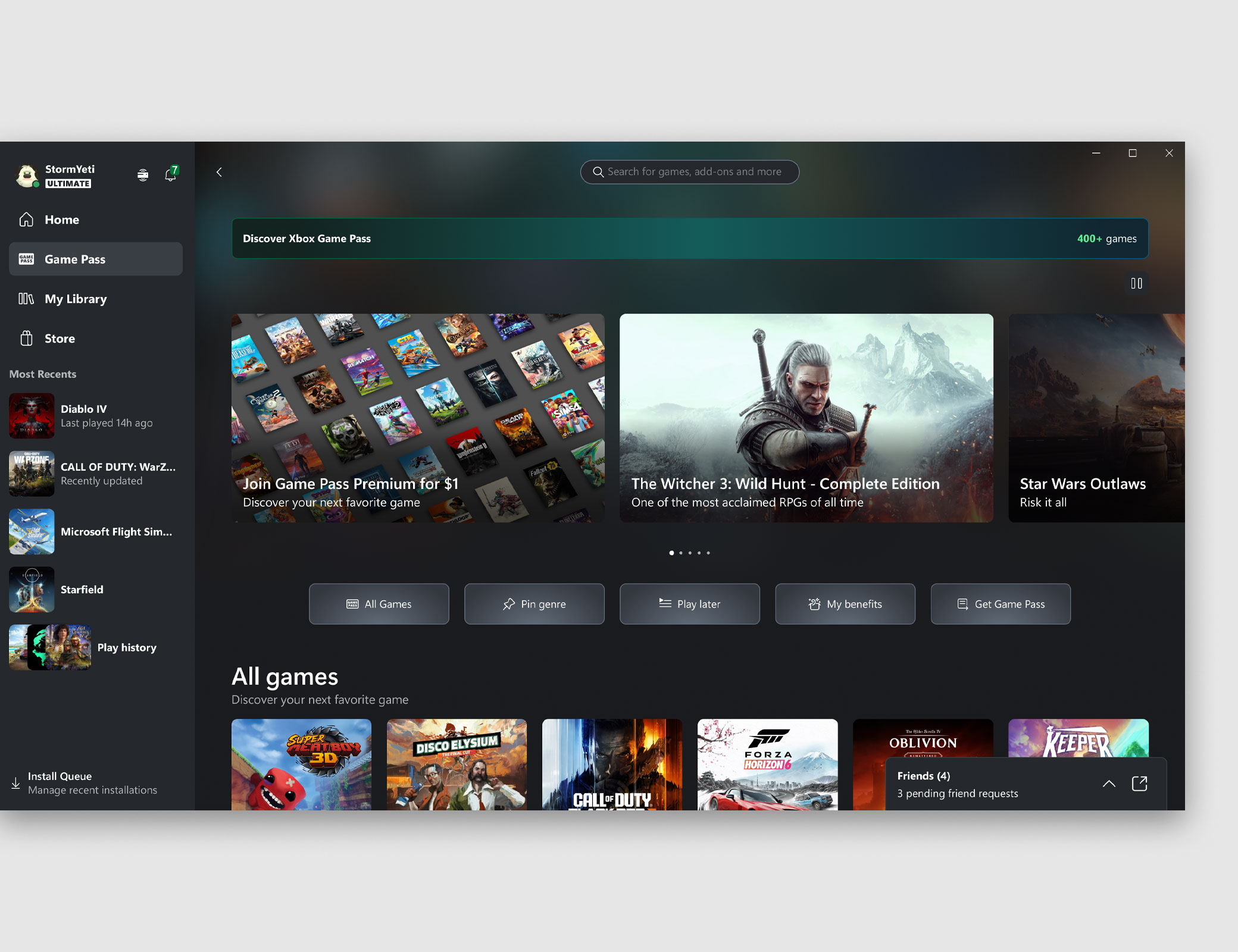 Пользовательский интерфейс приложения Xbox для компьютера, отображающий вкладку Cloud Gaming.