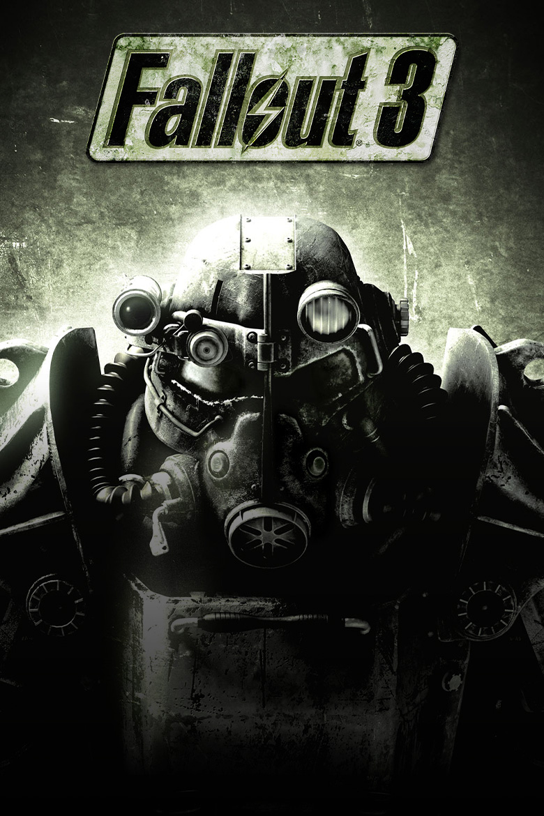 Fallout 3 logo. A suit of power armor stands in front of a partially cracked and grungy wall.