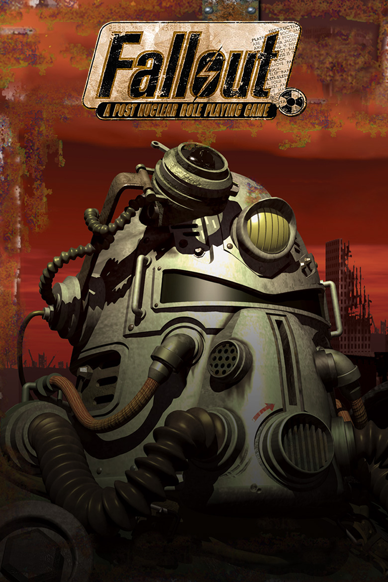 Fallout logo. A suit of power armor stands in front of destroyed buildings under an orange and red sky.