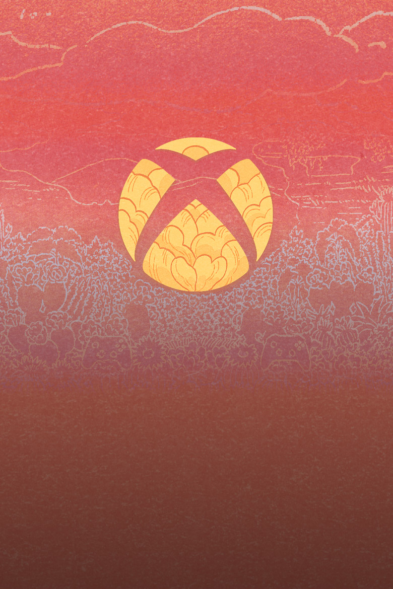 An Xbox logo made of petals surrounded by pink plants.