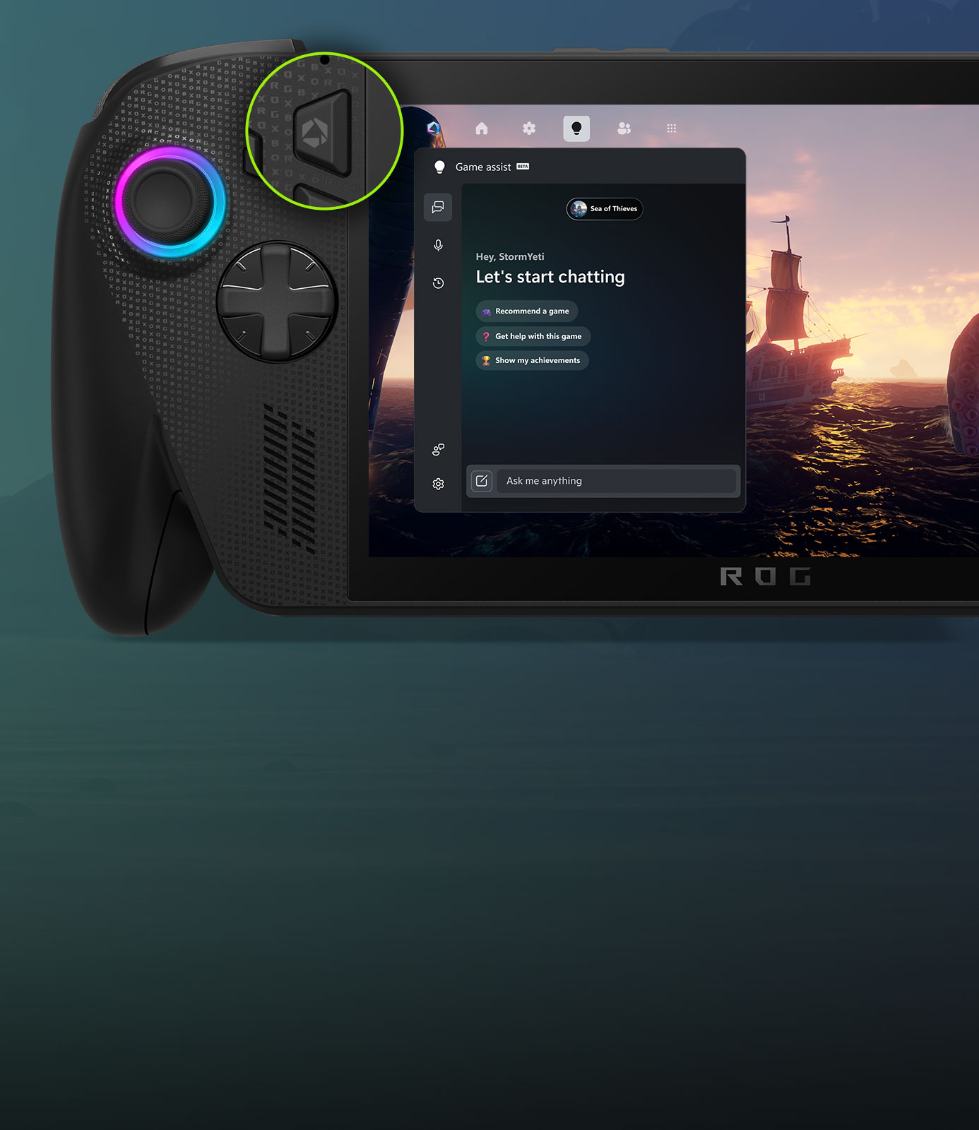 The ROG XBOX Ally with Sea of Thieves gameplay behind the XBOX game assist (beta) overlay.