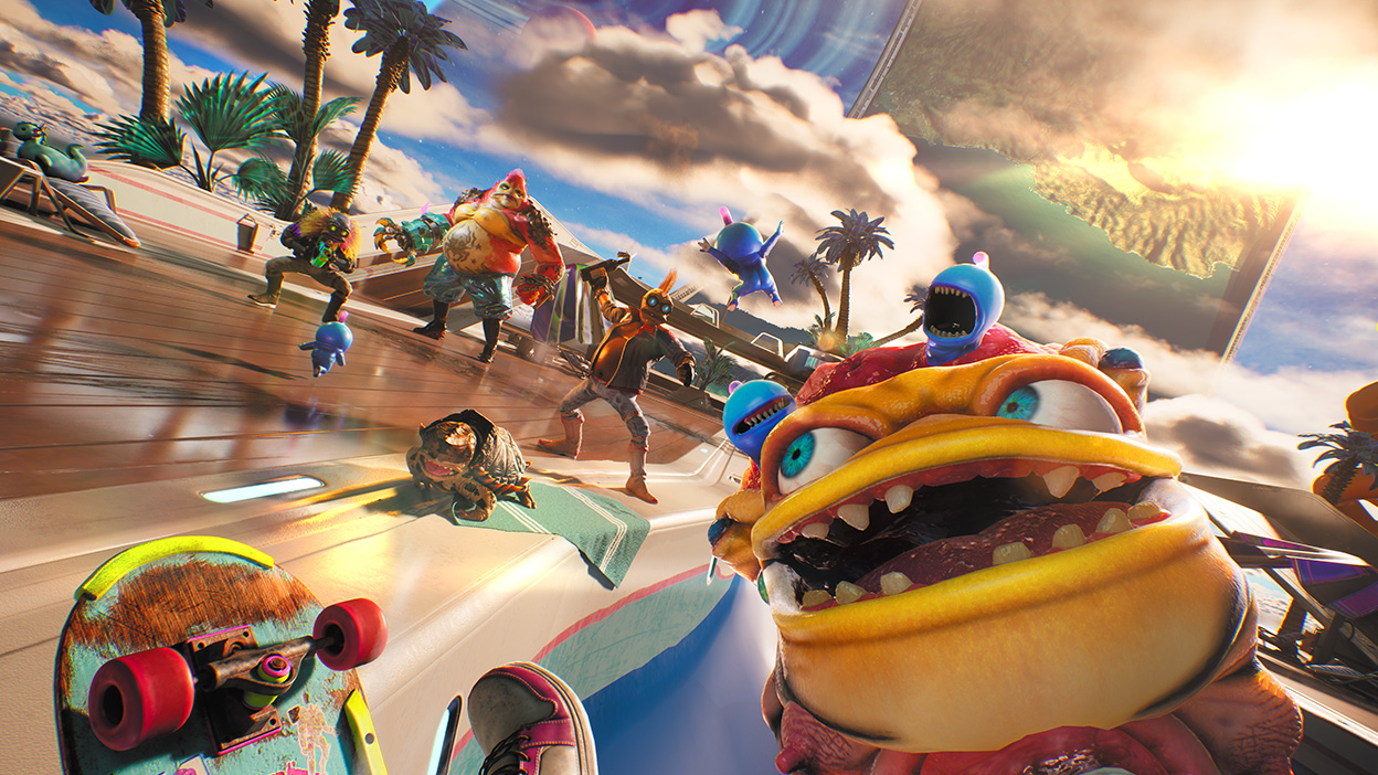 Tiny blue creatures swarm a group under a bright sunny sky.