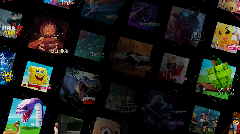 Des rangées de panneaux carrés décorés d’illustrations de jeux inclus, notamment Bob l’éponge, Big Paintball et Primal Hunt.