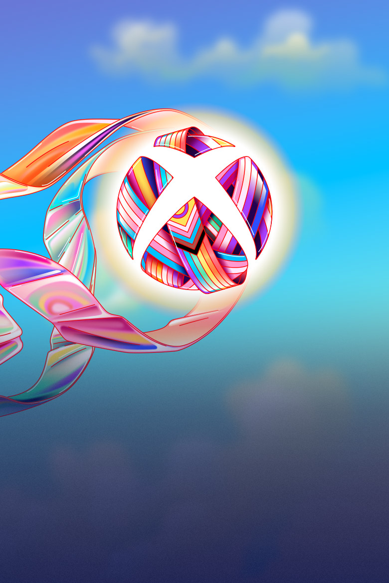 An Xbox logo made of ribbons with different LGBTQIA+ pride flags printed on them floating in a blue sky.