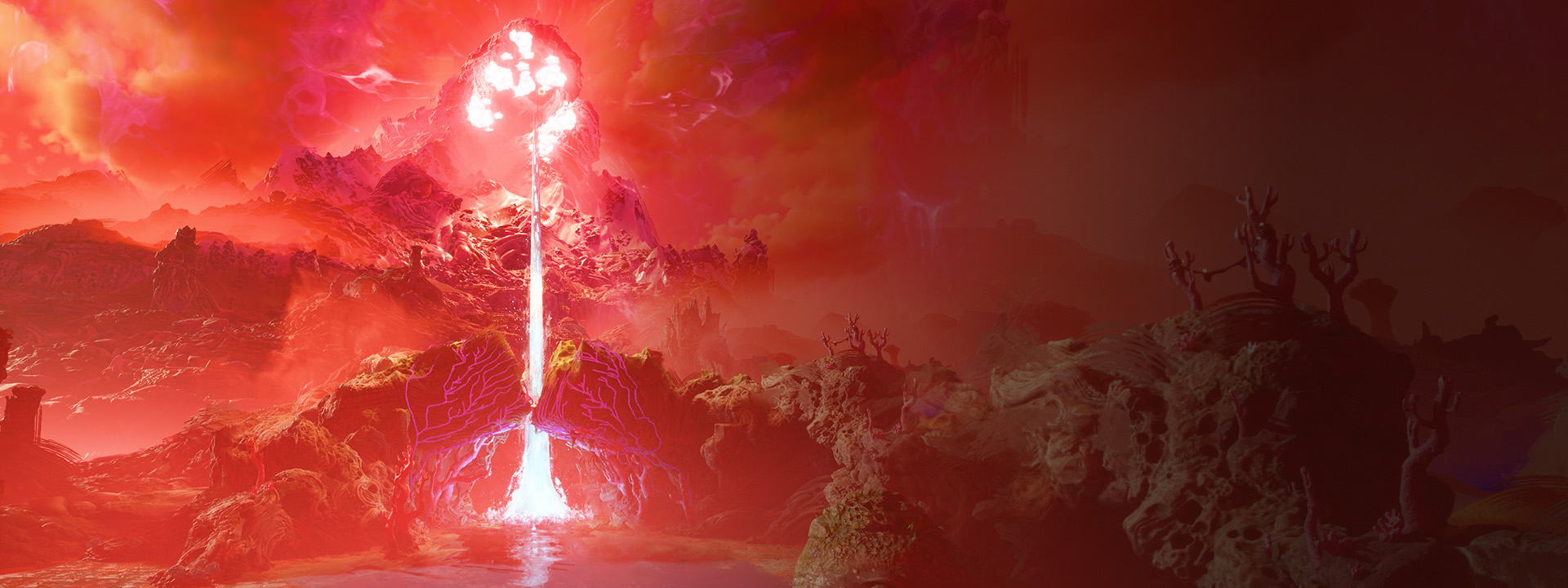 Une colonne de lumière blanche jaillit d'un étang, dans un paysage montagneux rouge.