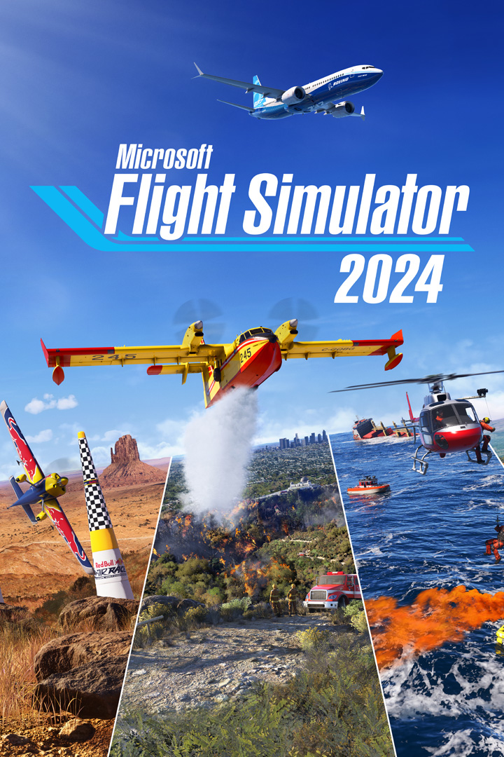 Logo Microsoft Flight Simulator 2024, samoloty, sterowce i balony unoszą się nad różnymi krajobrazami.