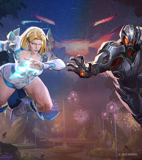 © 2025 Marvel, Marvel characters Emma Frost and Ultron pose to fight in front of an Ultron-themed battlefield with fireworks exploding.