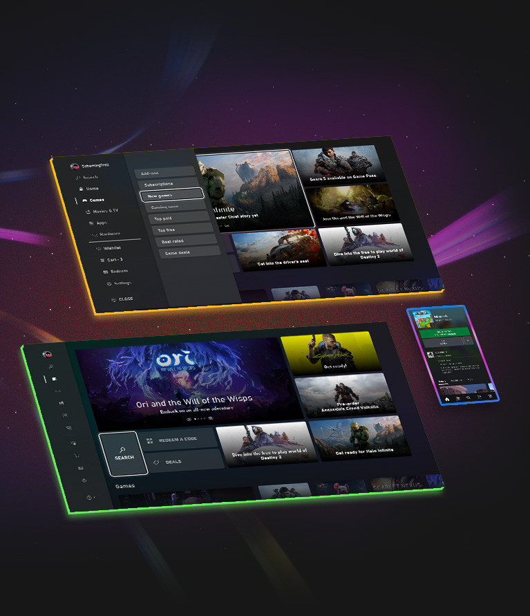 Eine Sammlung an Xbox-Konsole- und App-Benutzeroberfläche-Bildschirmen, die Gelegenheiten zum Durchsuchen und Kaufen von Spielen anzeigen