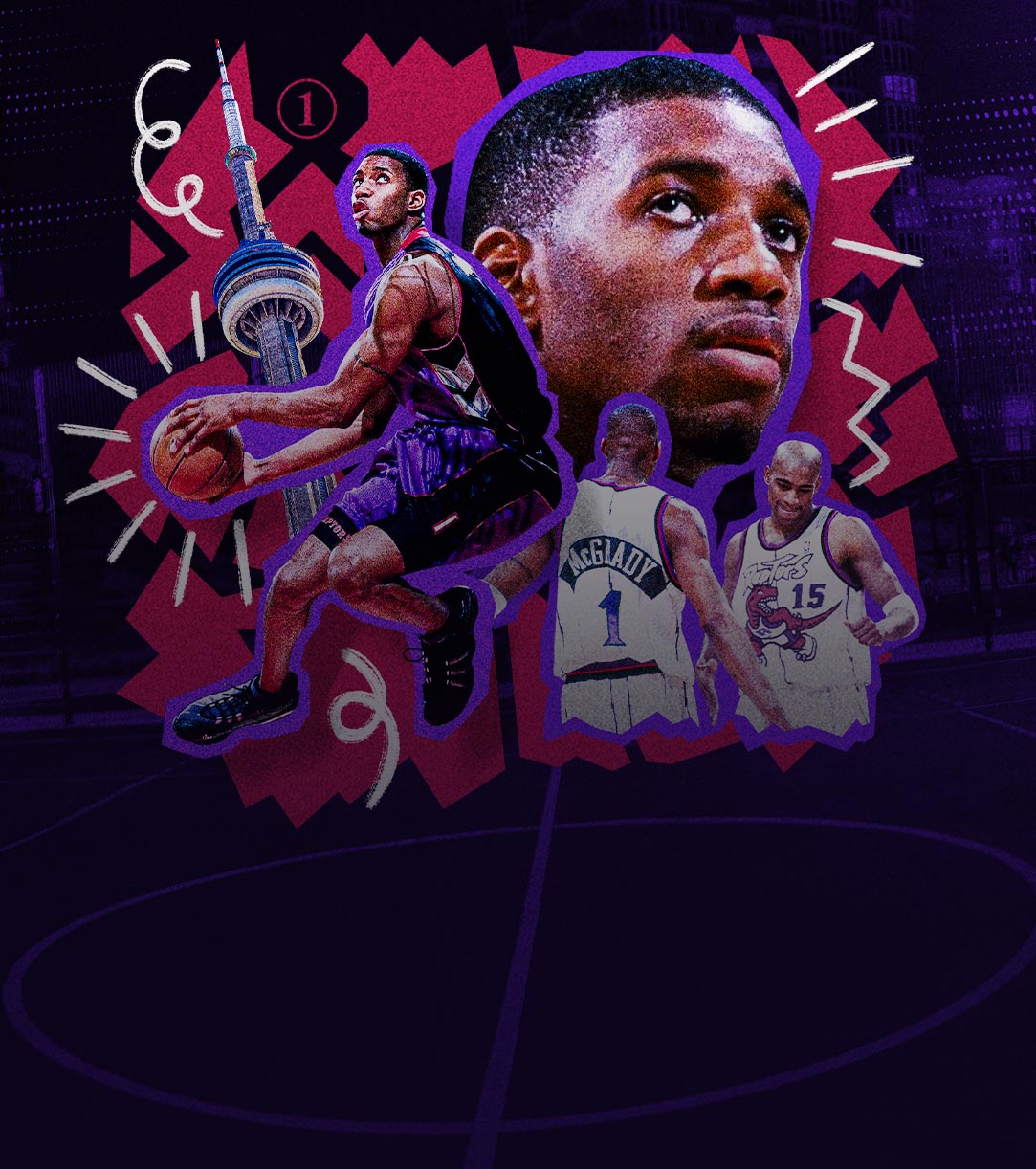 A collage of Tracy McGrady with the CN tower and abstract pink shapes in the background. 