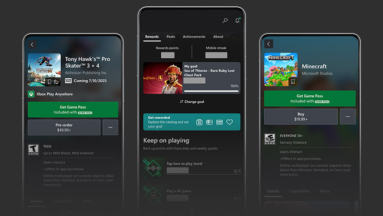 Mobiltelefone zeigen den Rewards Hub der Xbox App für Mobilgeräte und andere Bildschirme der Benutzeroberfläche