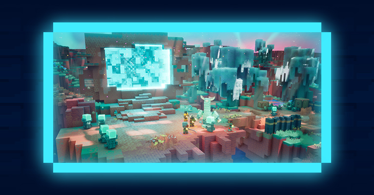 在《Minecraft Dungeons》的神祕場景中，英雄們在大型傳送門附近與發光生物交戰。