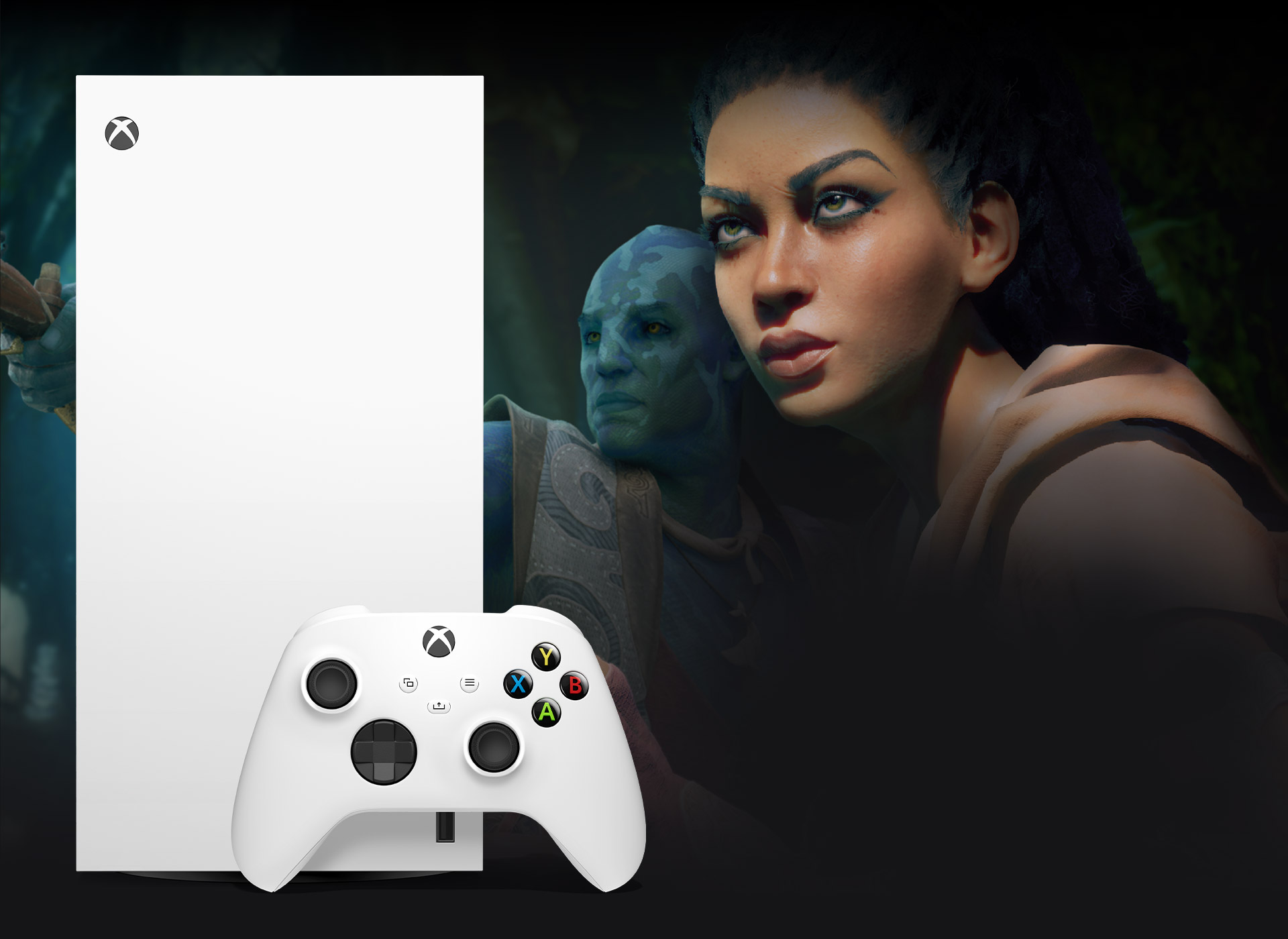 Xbox Series X: 1 TB de color blanco con dos personajes de Avowed que miran más allá.