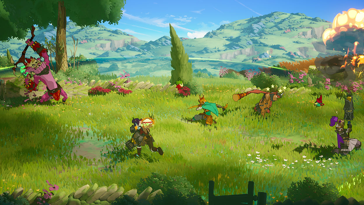 Na łące As rzuca kulą ognia w goblina.