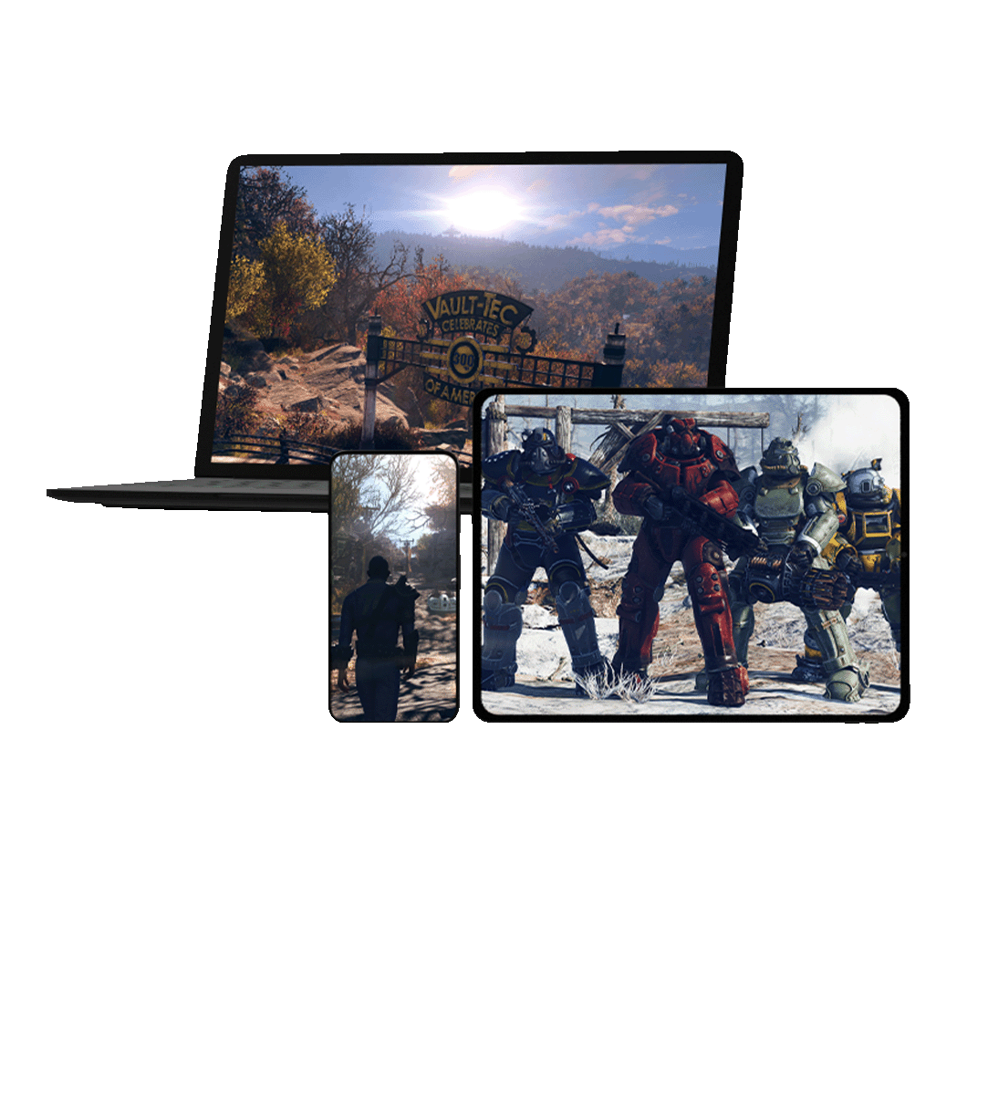 front view of three different monitor screens displaying xbox games