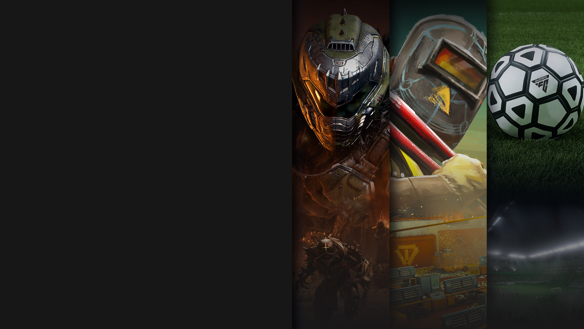 Game art from multiple games available with Xbox Game Pass, including DOOM: The Dark Ages, FBC: Firebreak, EA SPORTS FC™ 25, and Metaphor: ReFantazio.