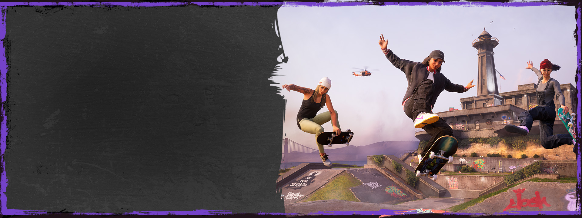 On Alcatraz Island, three skaters perform midair tricks while a helicopter flies overhead.