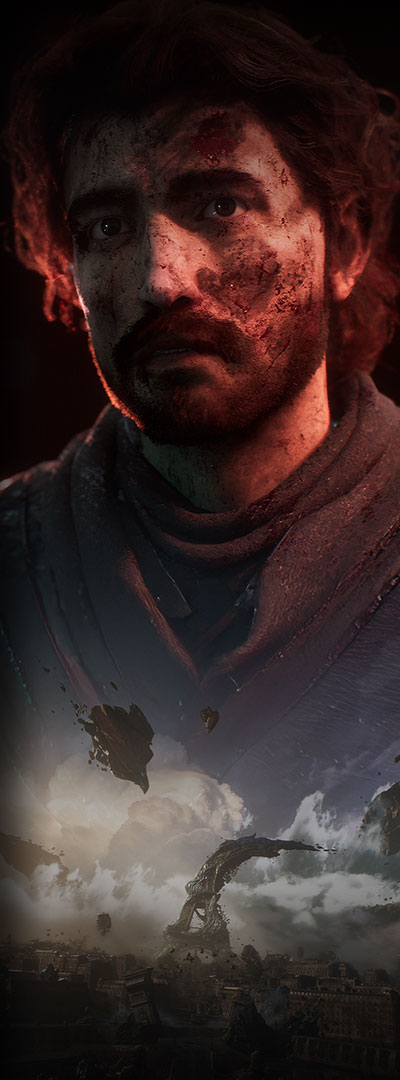 Clair Obscur: Expedition 33 game panel featuring an exhausted, battle-hardened man by a fantasy skyline.
