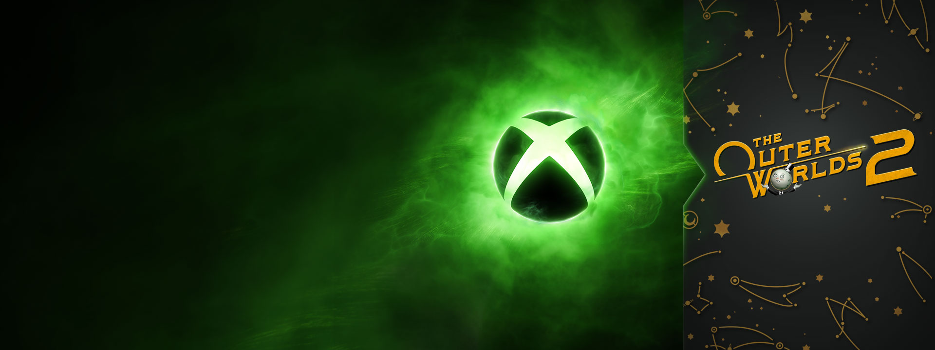 Xbox sphere surrounded by a fog of bright-green plasma, including a double-feature section for The Outer Worlds 2 Direct.