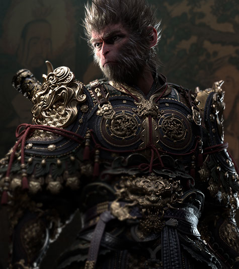 Wukong stands heroically infront of a mural of Master Puti
