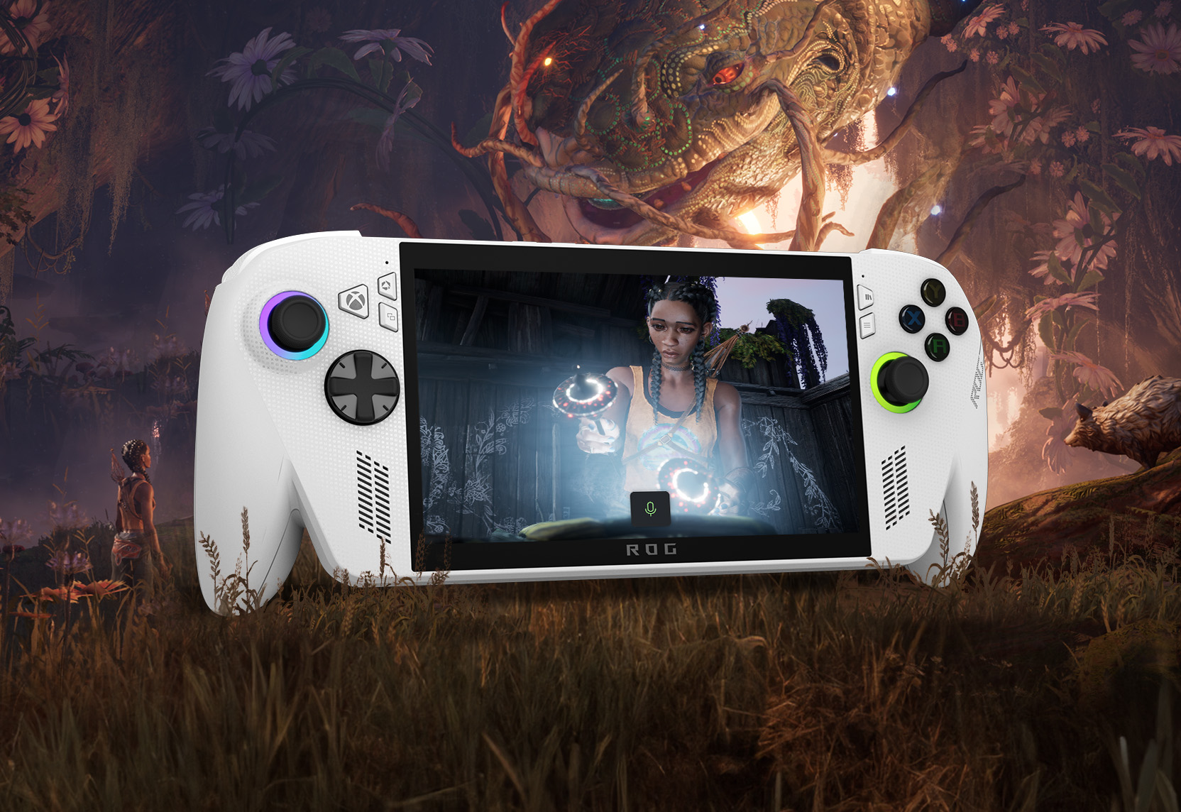 The white ROG Xbox Ally with South of Midnight gameplay.