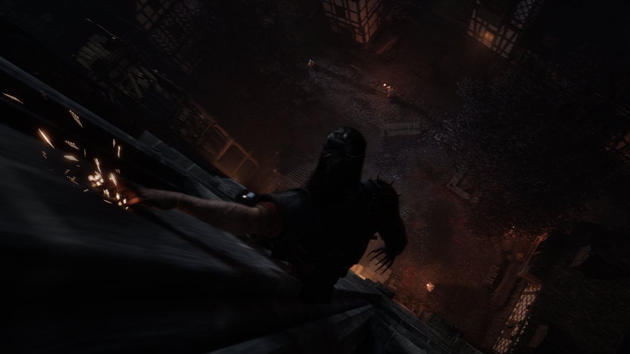 Coen uses his claws to slide down the side of a building