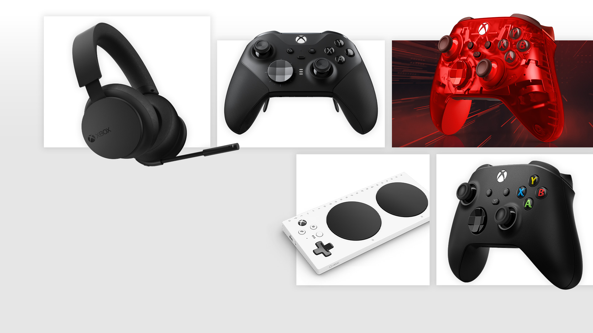 A mosaic of mobile gaming accessories including a headset, xbox elite wireless controller series 2, xbox wireless controllers, and an xbox adaptive controller.