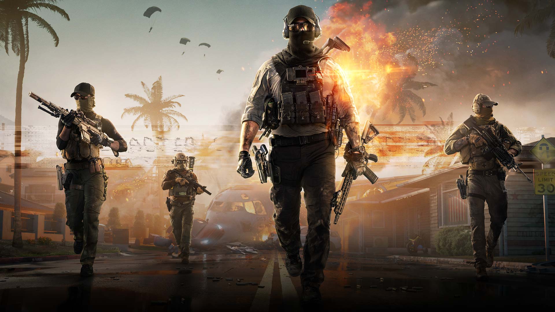 A group of heavily armed soldiers walking down a war-torn street with a large explosion in the background