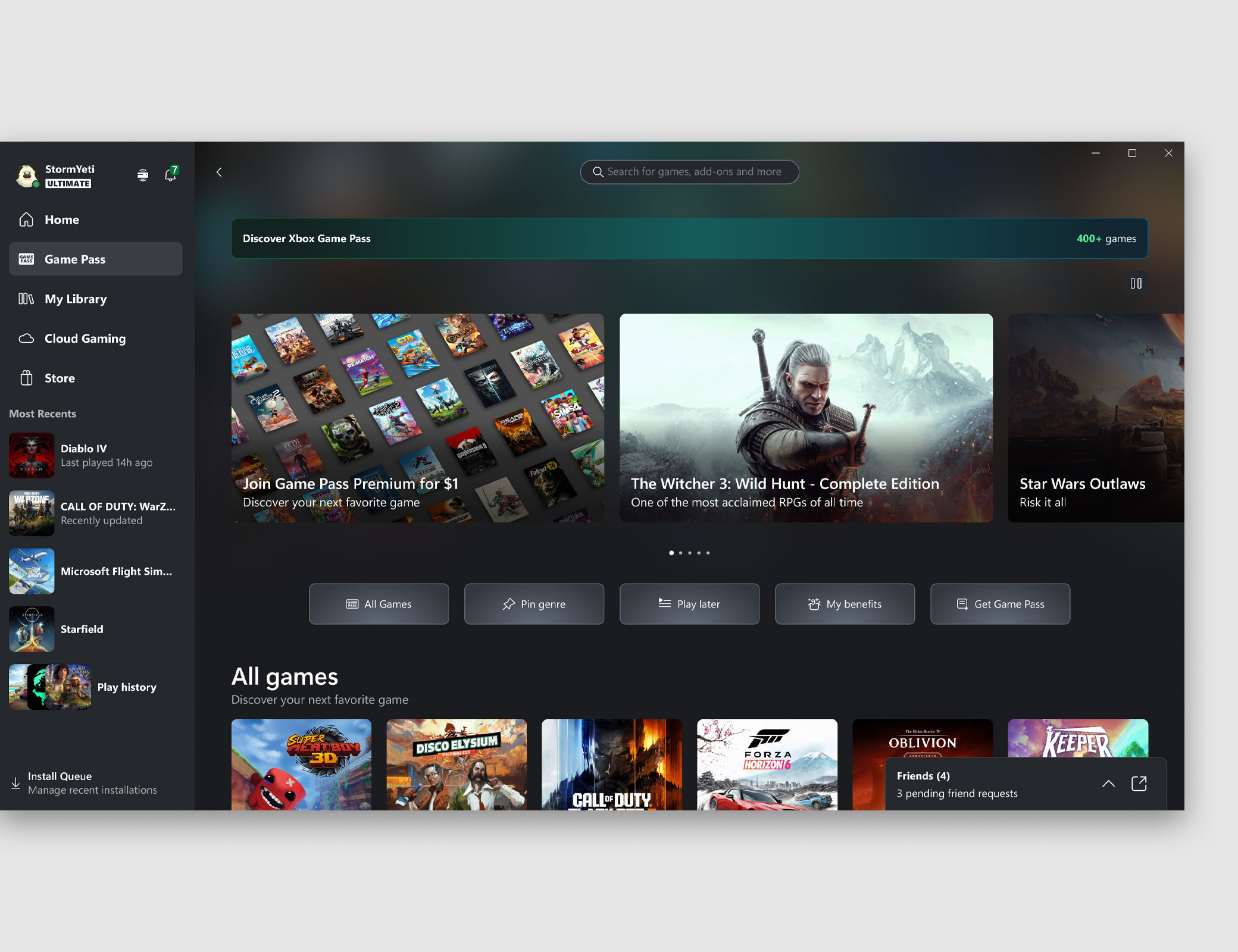 L'interfaccia utente dell'app Xbox per PC su cui è visualizzata la scheda per il Cloud Gaming.